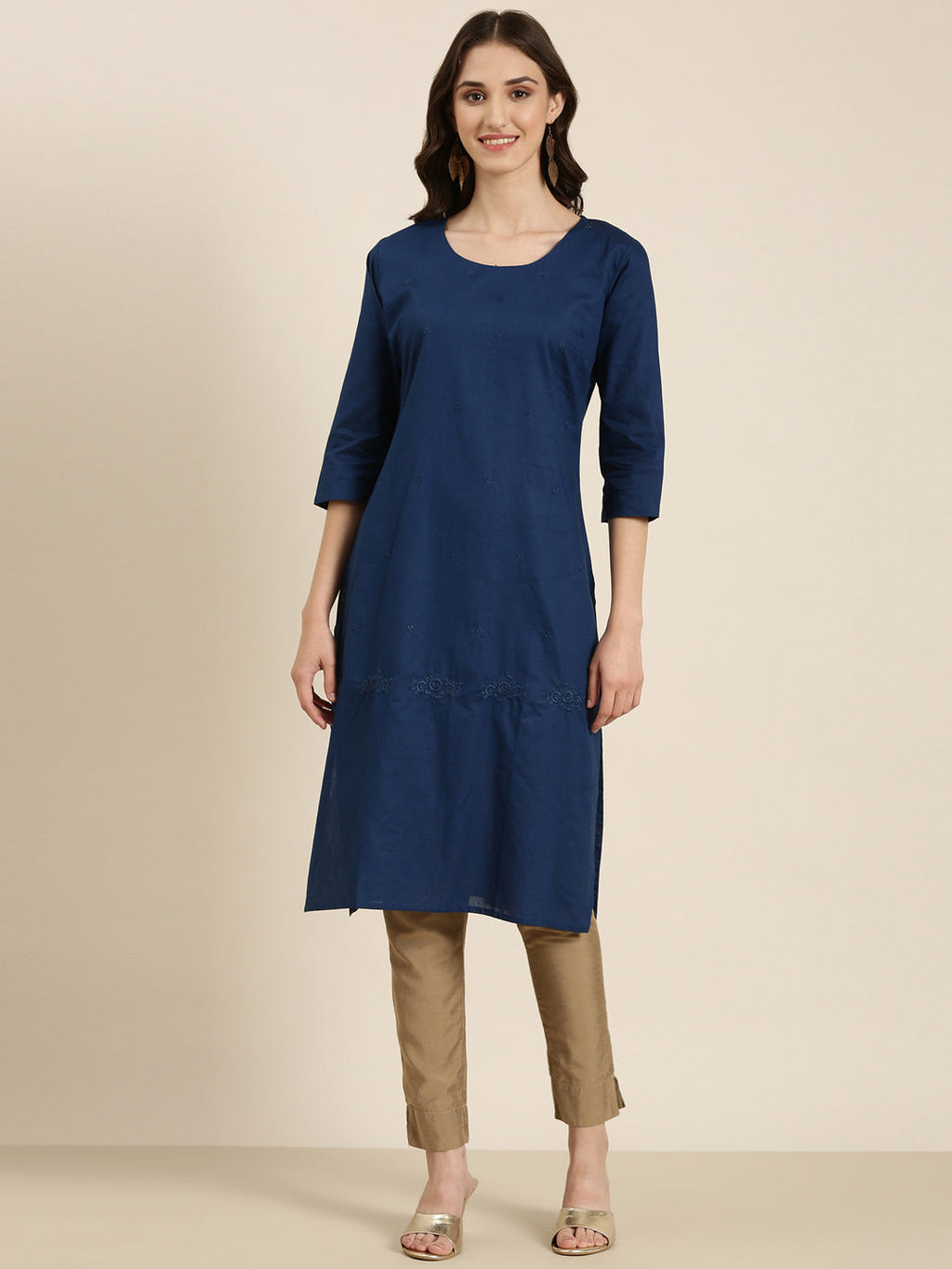 Women's Teal Thread Work Straight Kurta