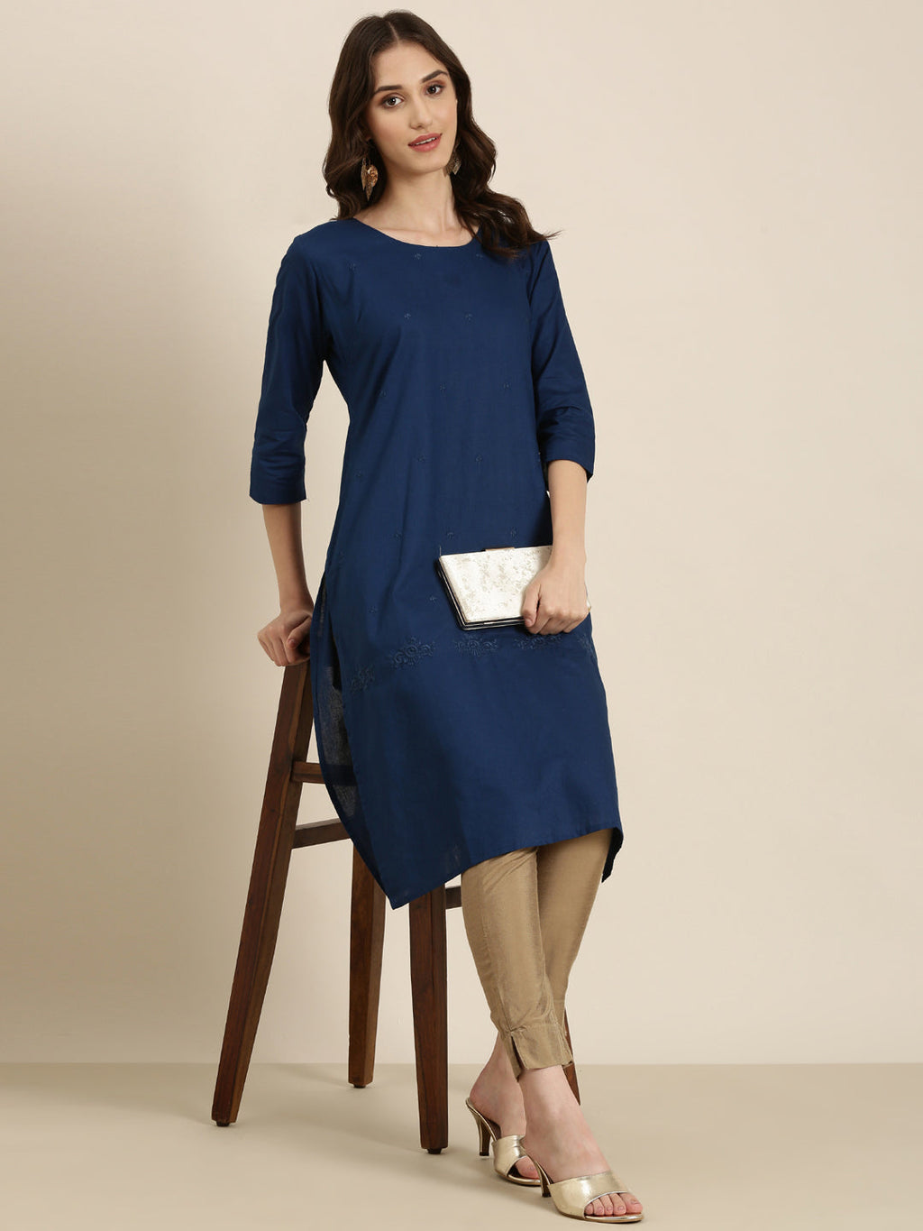 Women's Teal Thread Work Straight Kurta