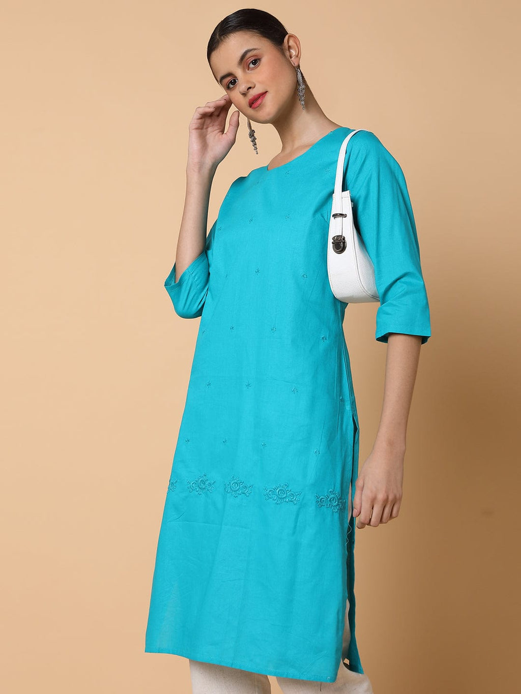Women's Straight Turquoise Blue Solid Kurta