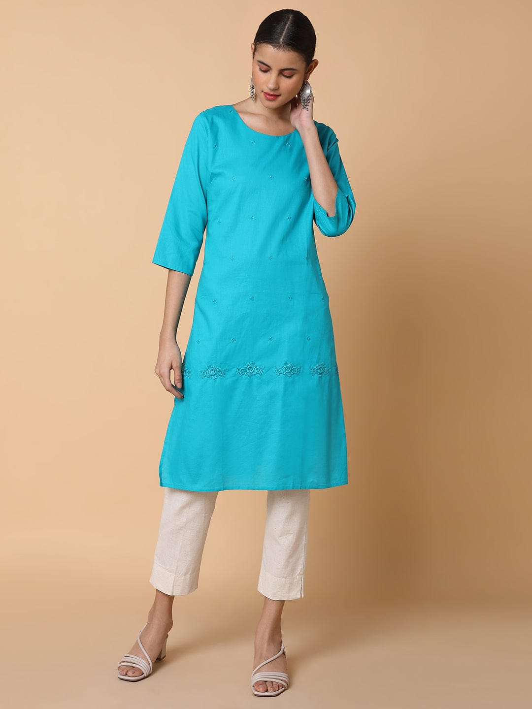 Women's Straight Turquoise Blue Solid Kurta