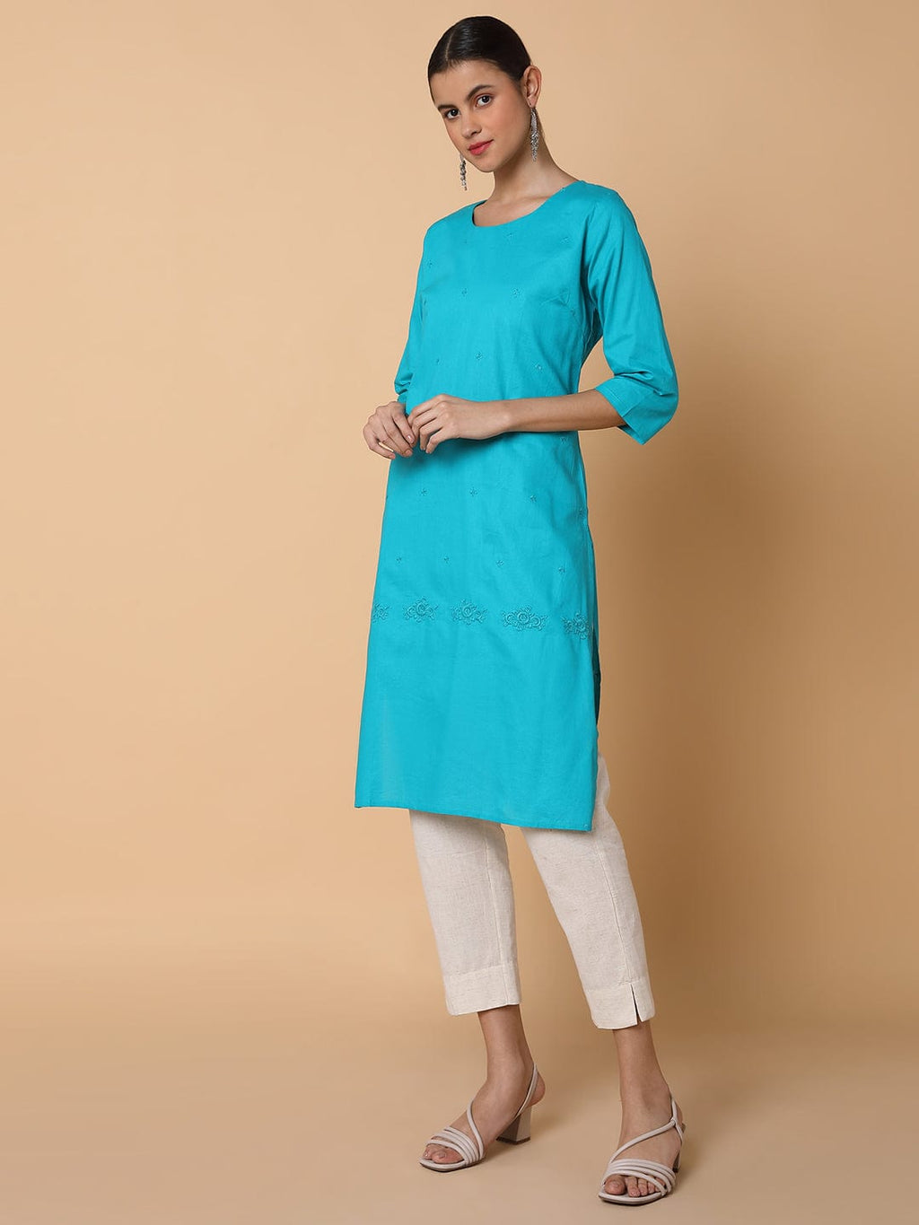 Women's Straight Turquoise Blue Solid Kurta