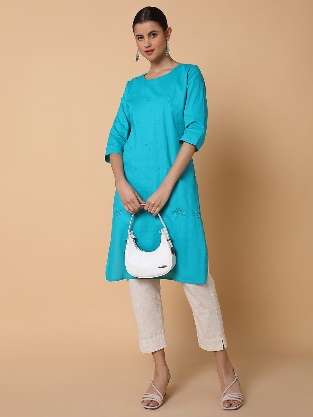 Women's Straight Turquoise Blue Solid Kurta