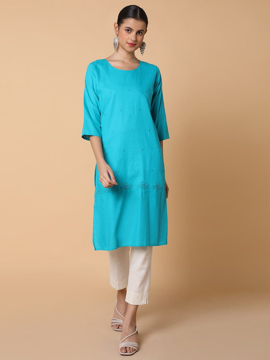 Women's Straight Turquoise Blue Solid Kurta