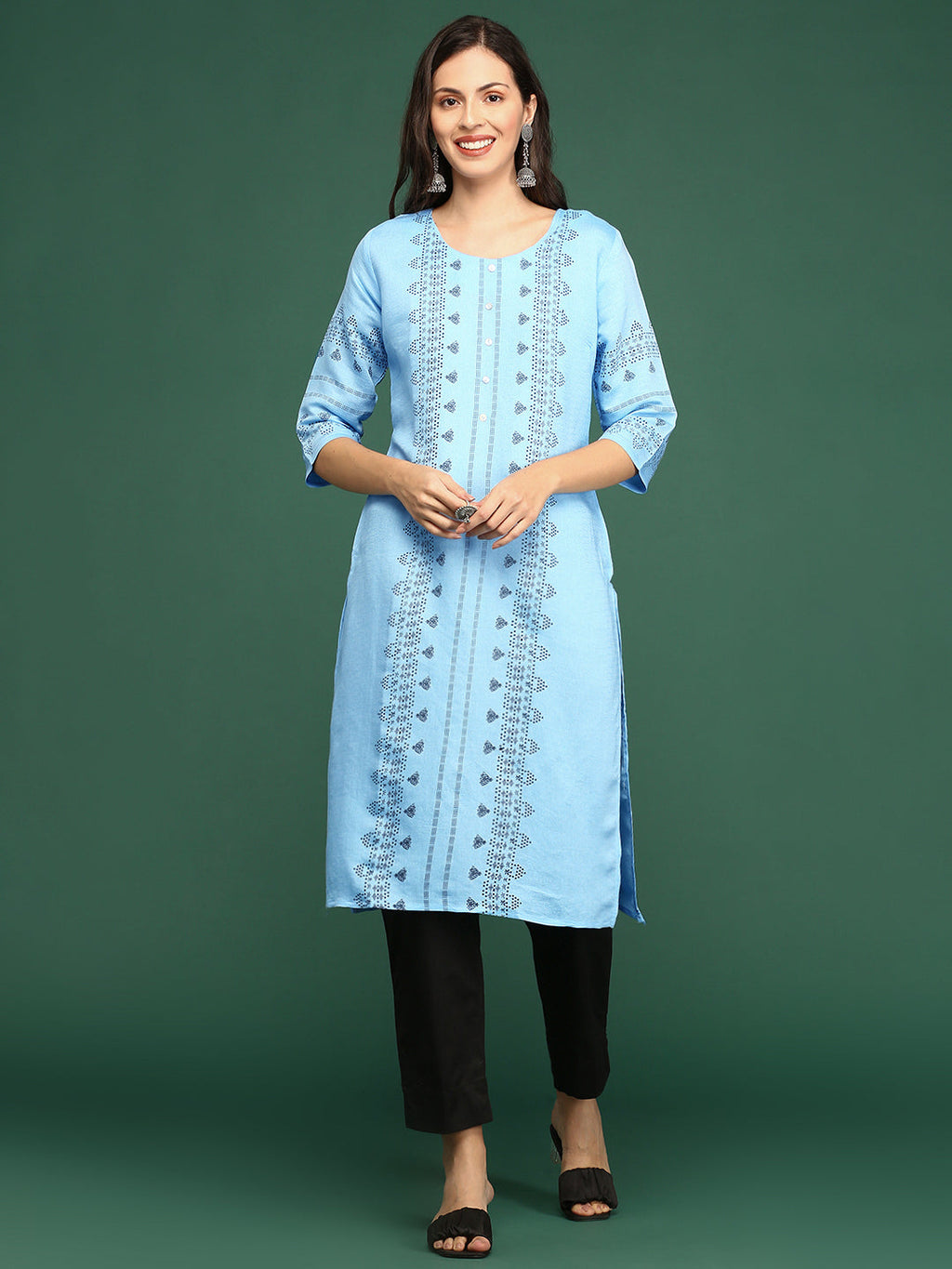 Women's Blue Ethnic Motifs Printed Cotton Straight Kurta