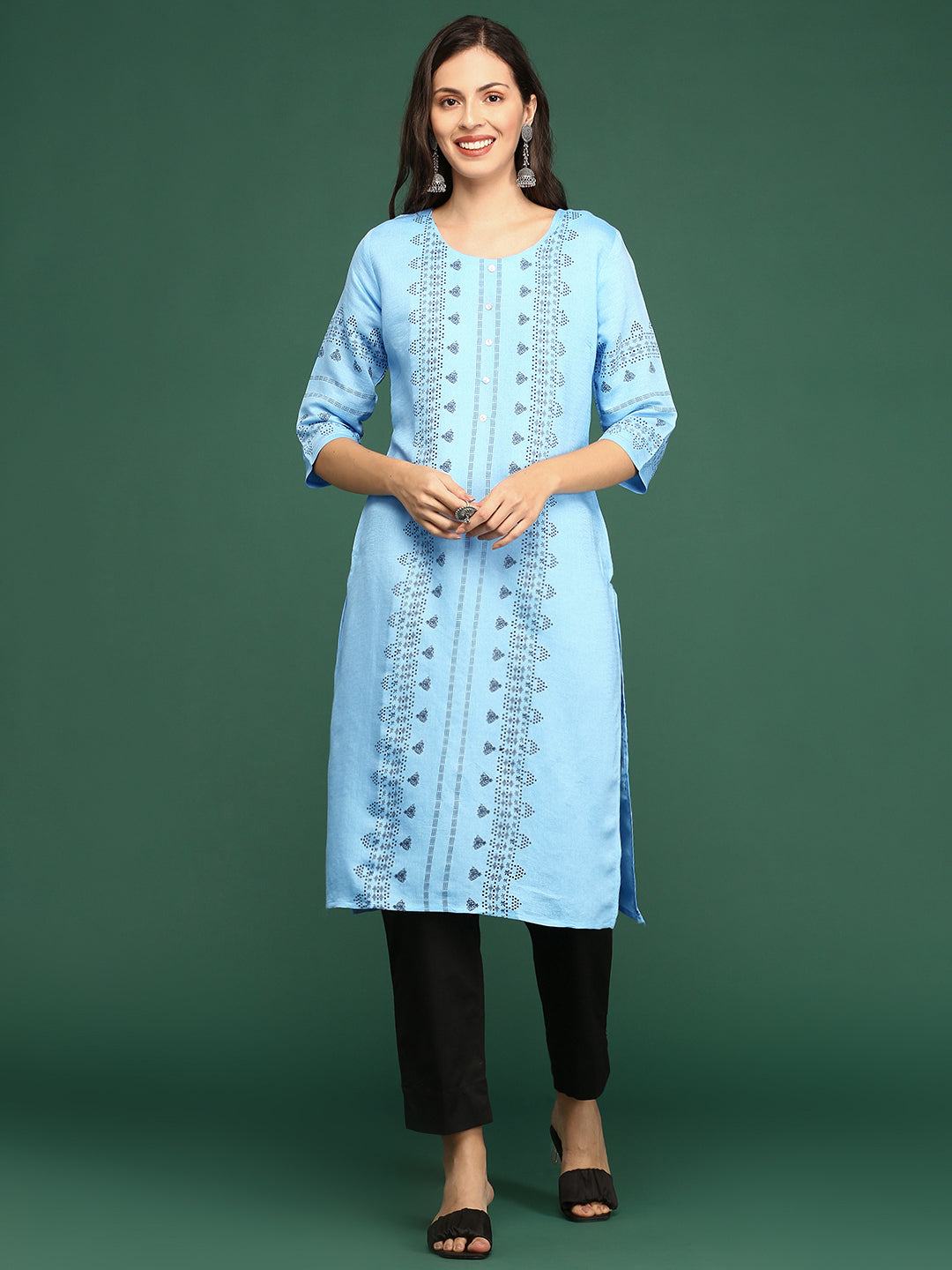 Women's Blue Ethnic Motifs Printed Cotton Straight Kurta