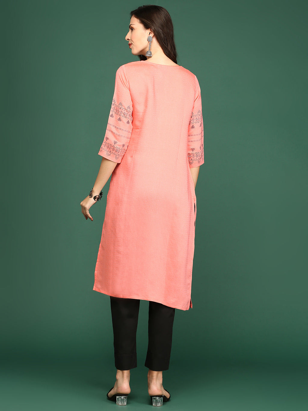 Women's Peach Geometric Printed Straight Kurta