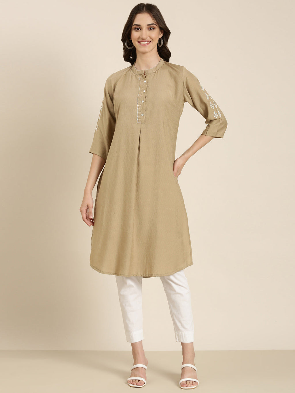 Women's Beige Band Collar Straight Kurta