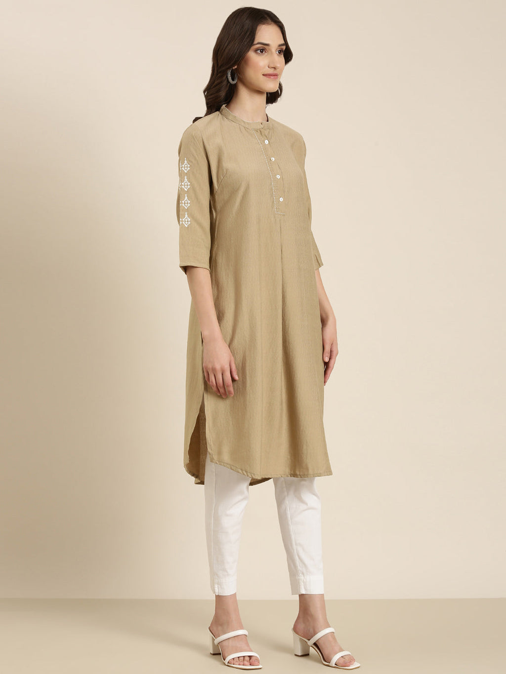 Women's Beige Band Collar Straight Kurta