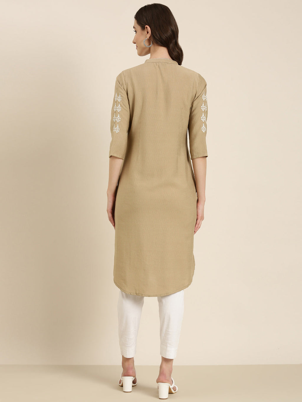 Women's Beige Band Collar Straight Kurta