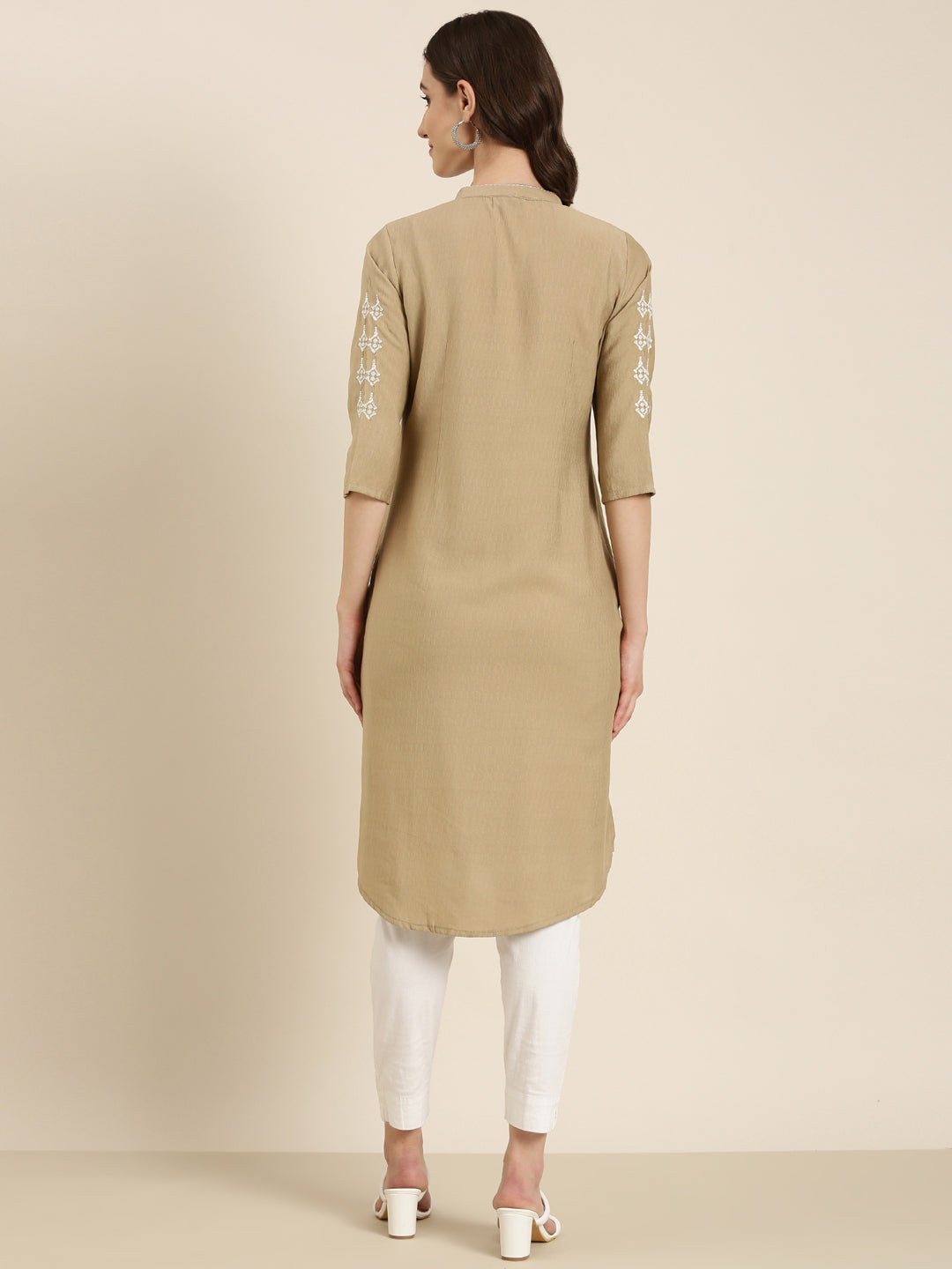 Women's Beige Band Collar Straight Kurta