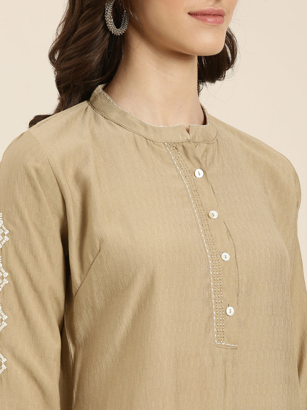 Women's Beige Band Collar Straight Kurta