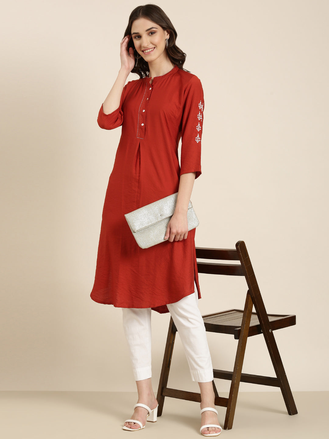 Women's Rust Mandarin Collar Straight Kurta