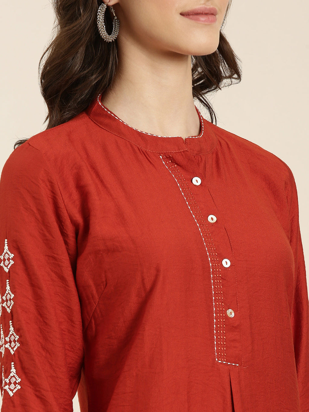 Women's Rust Mandarin Collar Straight Kurta