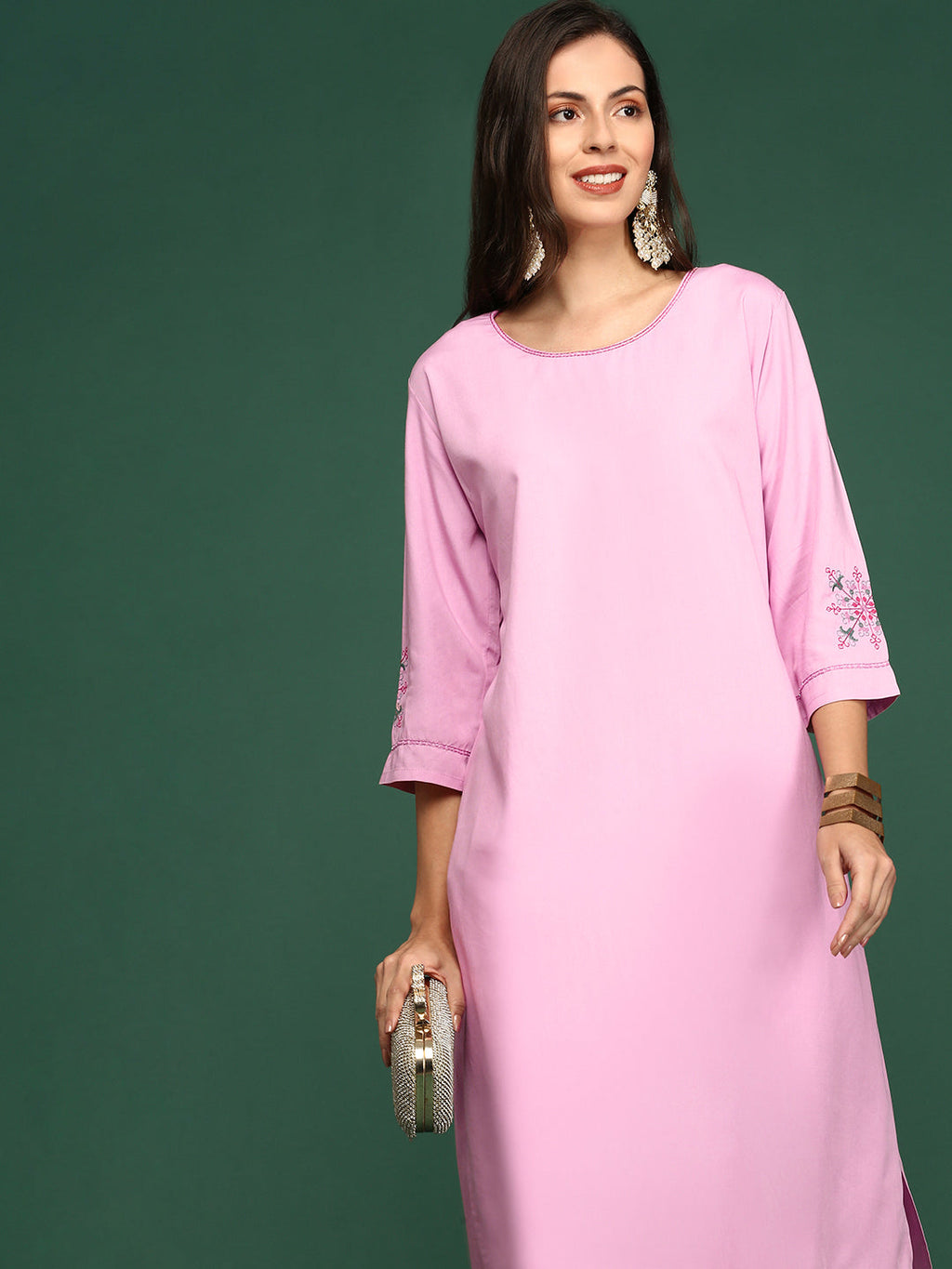 Women's Pink Round Neck Thread Work Straight Kurta