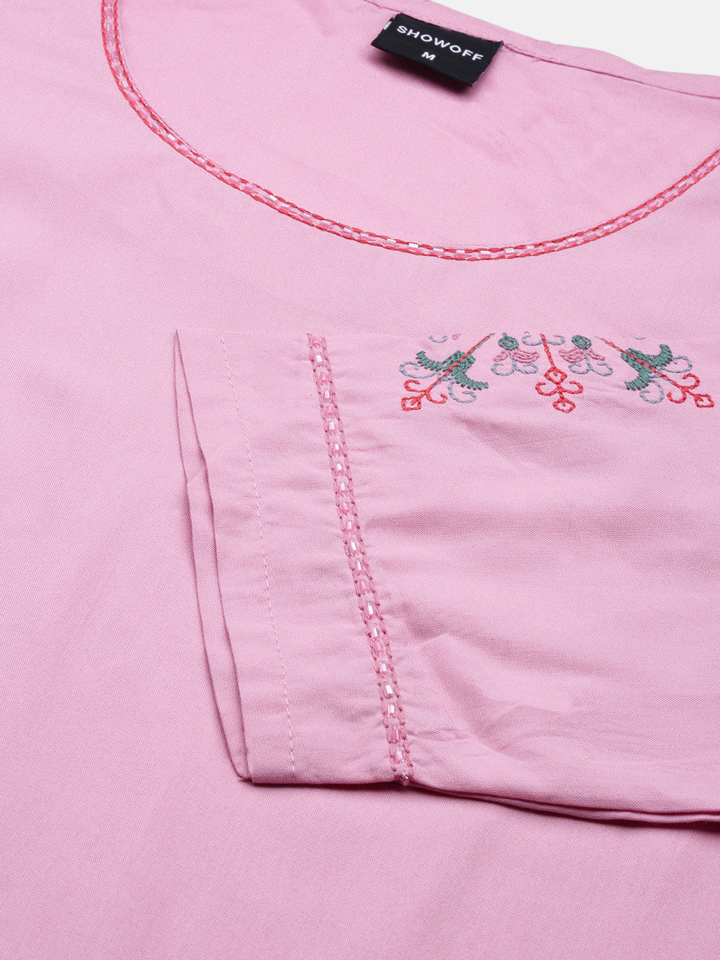 Women's Pink Round Neck Thread Work Straight Kurta