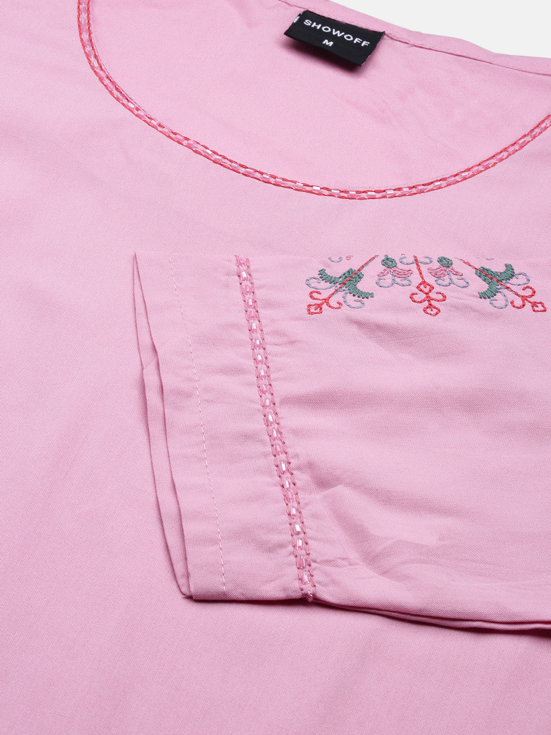 Women's Pink Round Neck Thread Work Straight Kurta