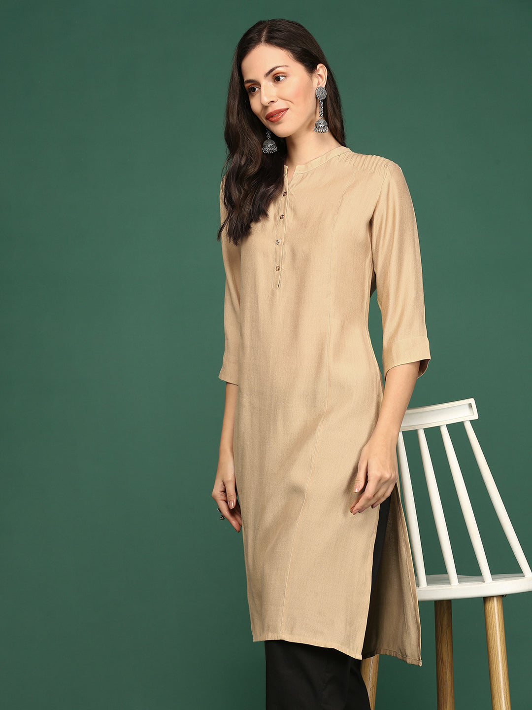 Women's Beige Mandarin Collar Straight Kurta