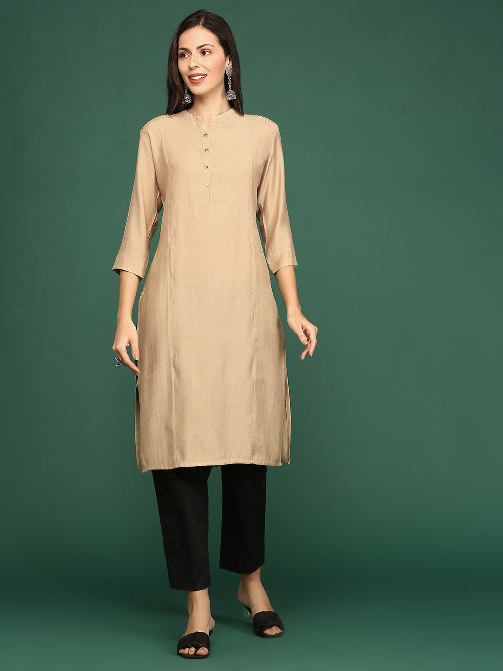 Women's Beige Mandarin Collar Straight Kurta
