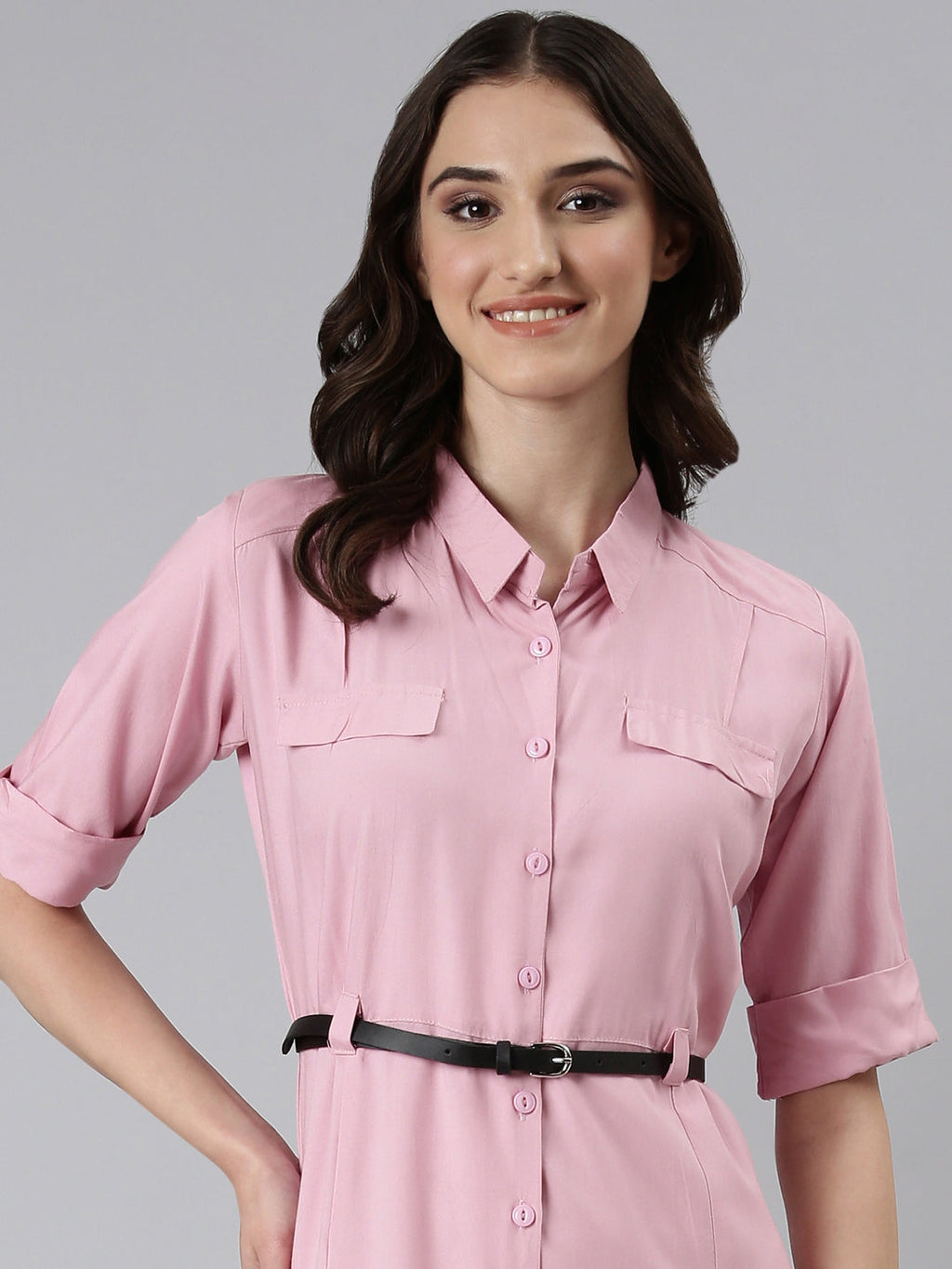 Women's Pink Shirt Collar A-Line Dress With Belt