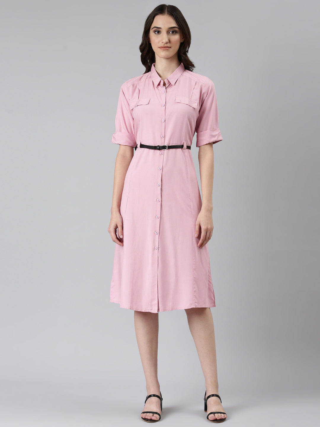 Women's Pink Shirt Collar A-Line Dress With Belt