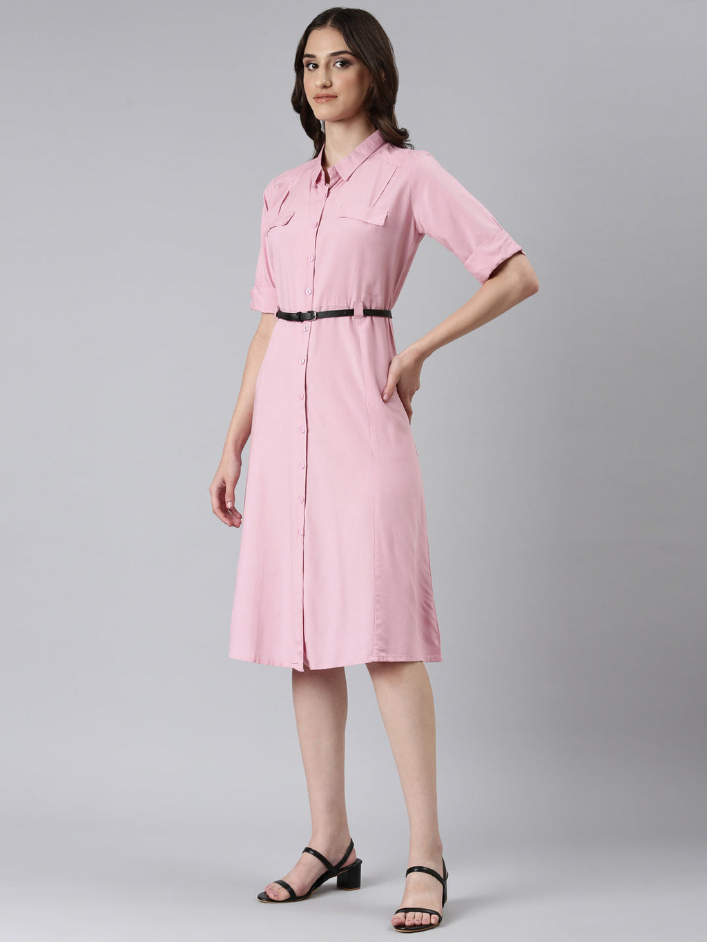 Women's Pink Shirt Collar A-Line Dress With Belt