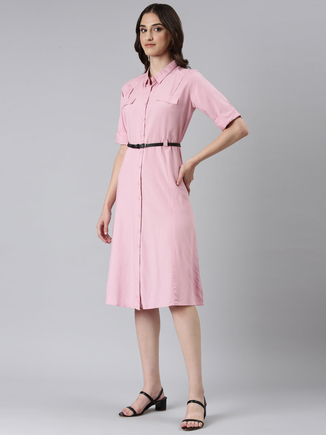 Women's Pink Shirt Collar A-Line Dress With Belt