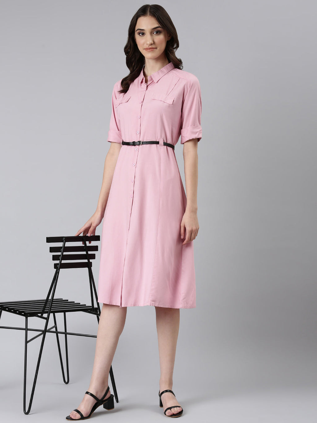 Women's Pink Shirt Collar A-Line Dress With Belt