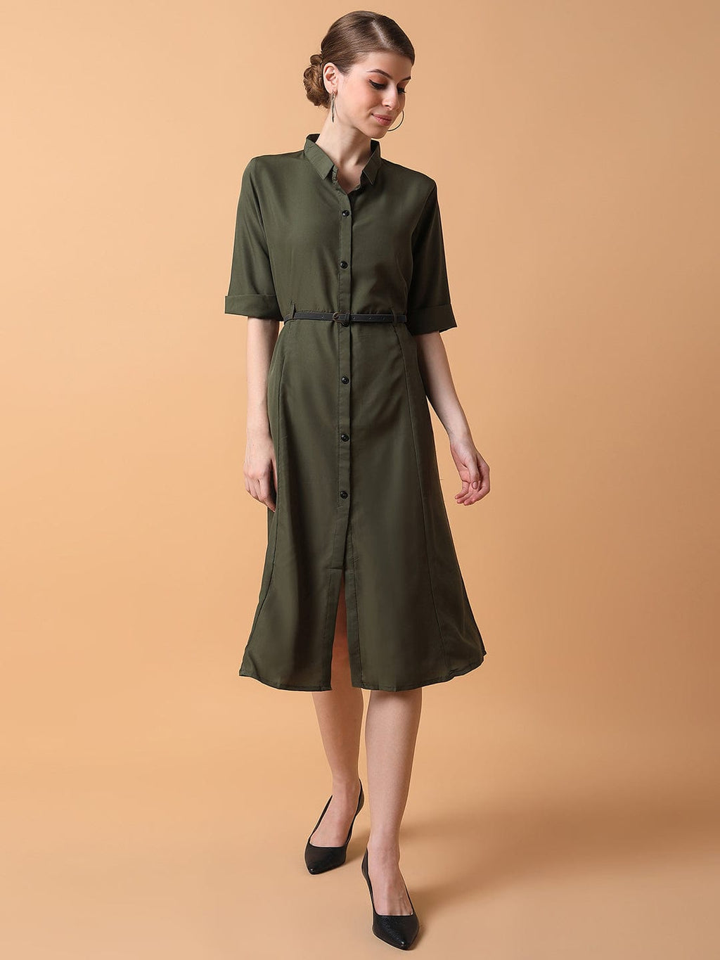 Women's Solid Olive Midi A-Line Dress with Belt