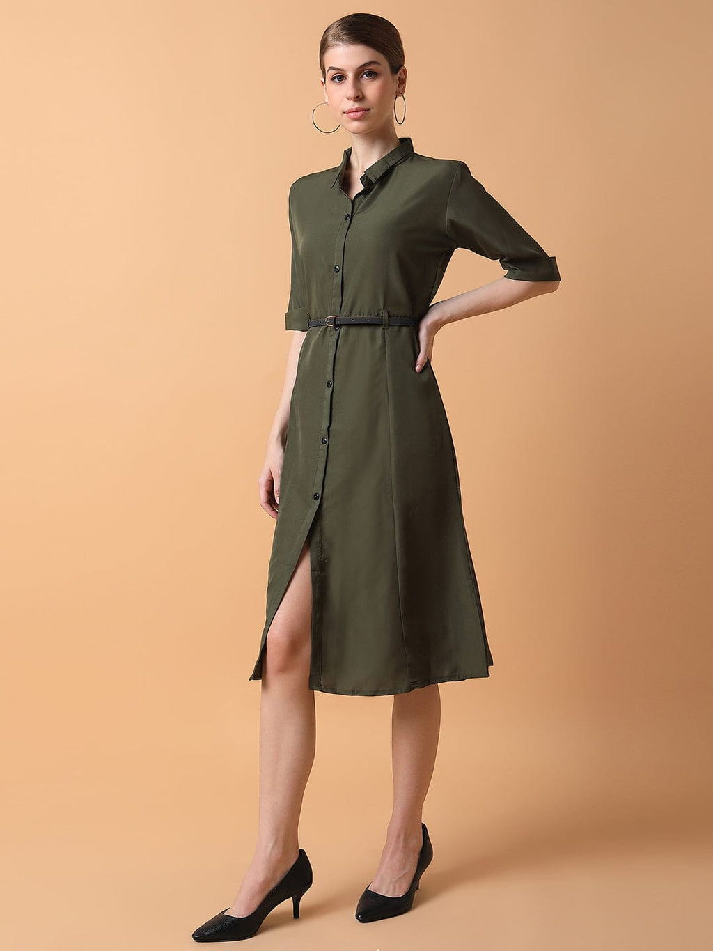 Women's Solid Olive Midi A-Line Dress with Belt