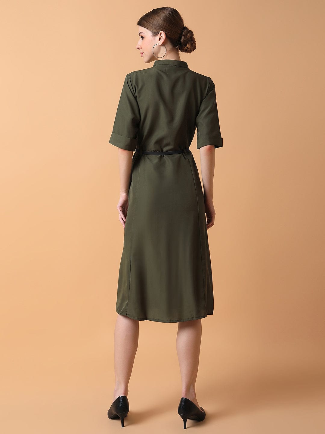 Women's Solid Olive Midi A-Line Dress with Belt