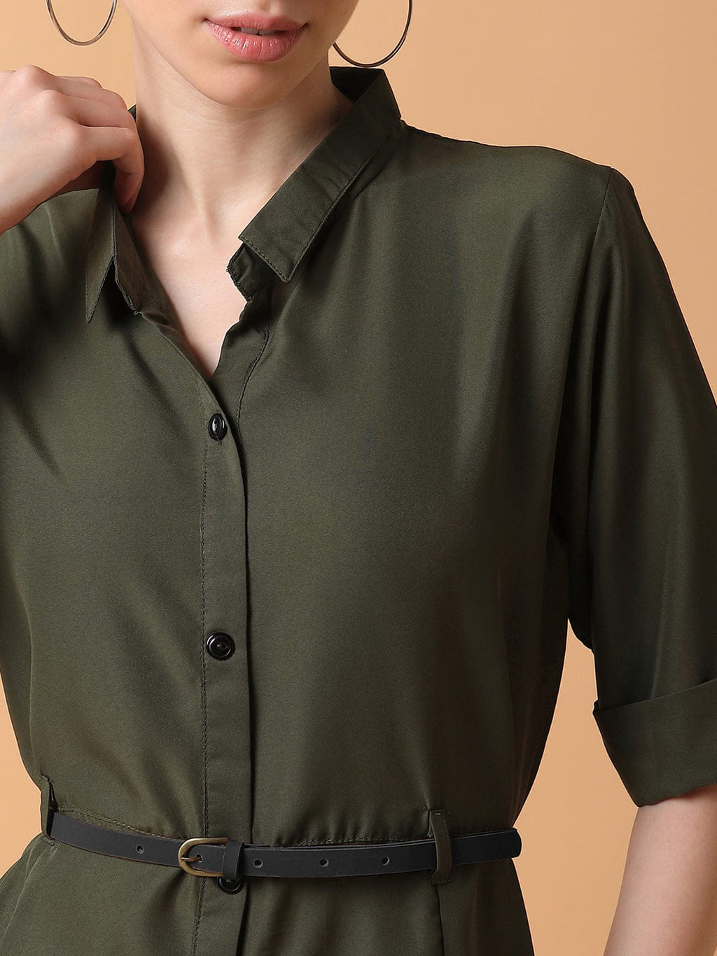 Women's Solid Olive Midi A-Line Dress with Belt