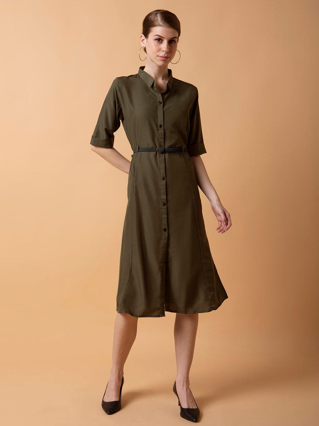 Women's Solid Olive Midi A-Line Dress with Belt