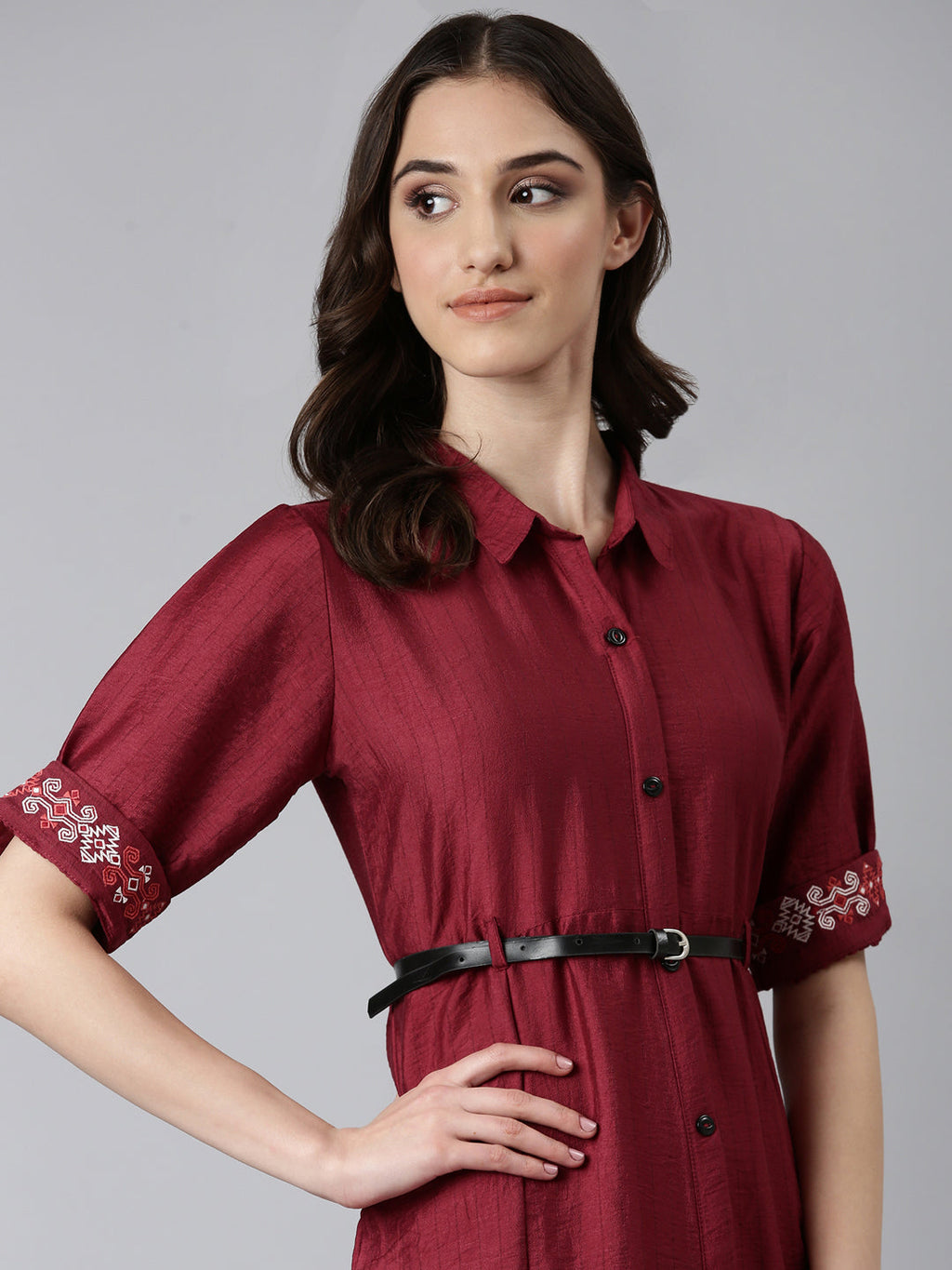 Women's Magenta Striped Shirt Collar Embroidered A-Line Dress