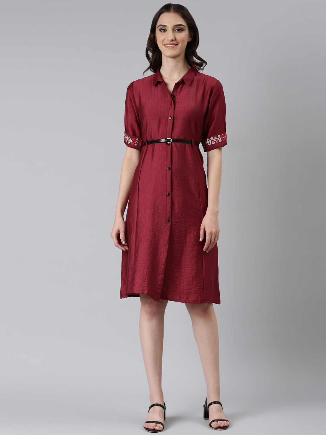 Women's Magenta Striped Shirt Collar Embroidered A-Line Dress