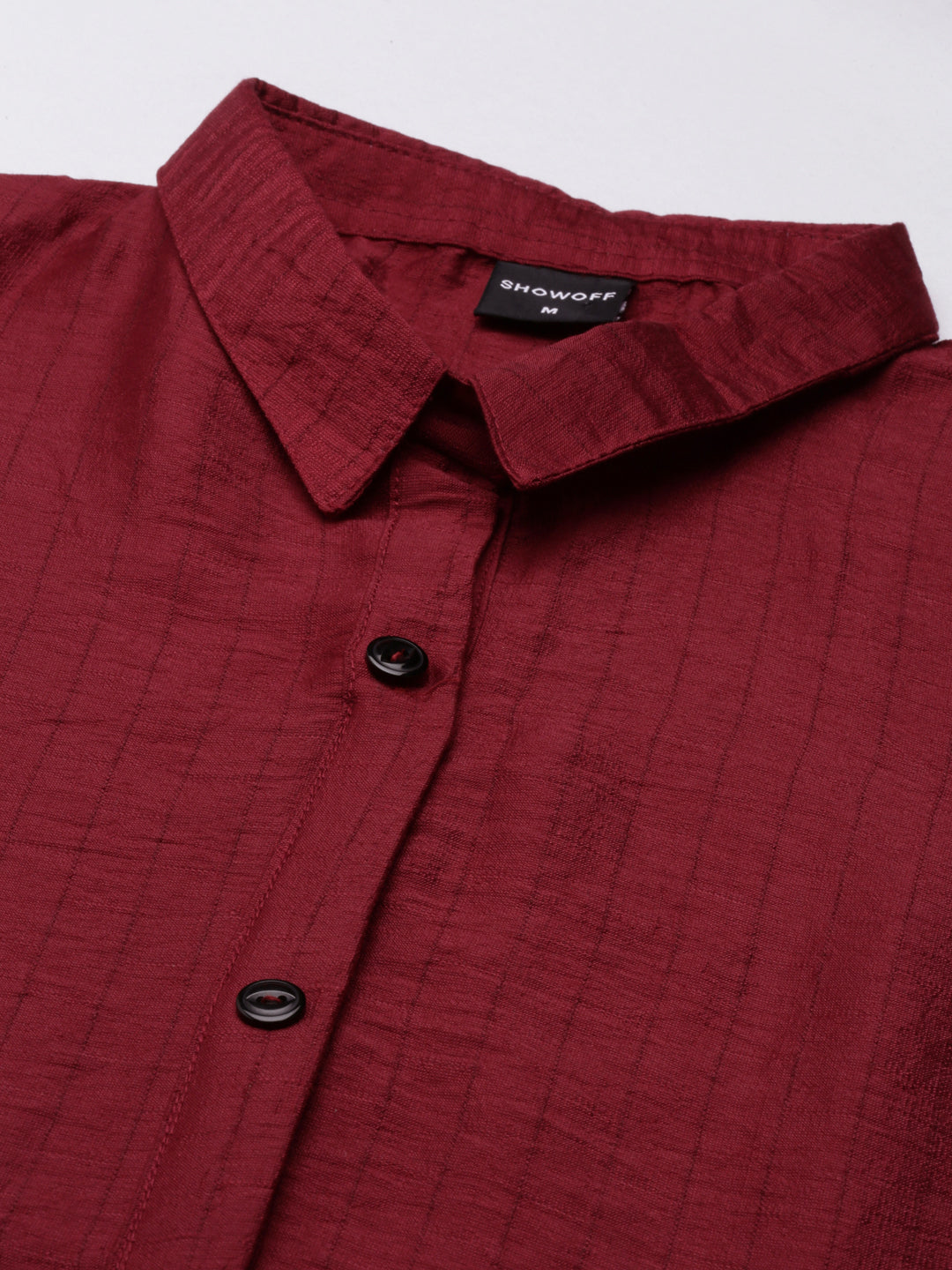 Women's Magenta Striped Shirt Collar Embroidered A-Line Dress