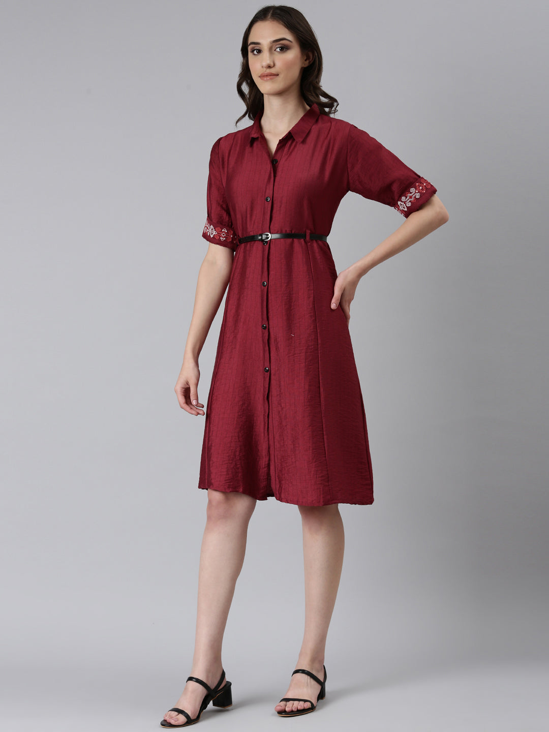 Women's Magenta Striped Shirt Collar Embroidered A-Line Dress