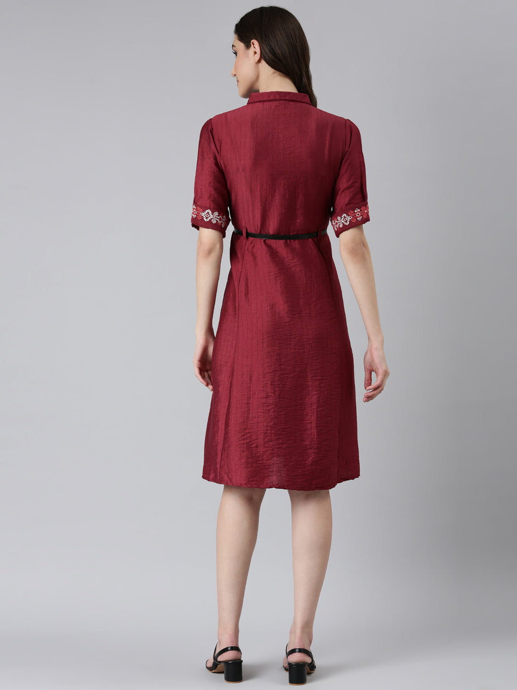 Women's Magenta Striped Shirt Collar Embroidered A-Line Dress