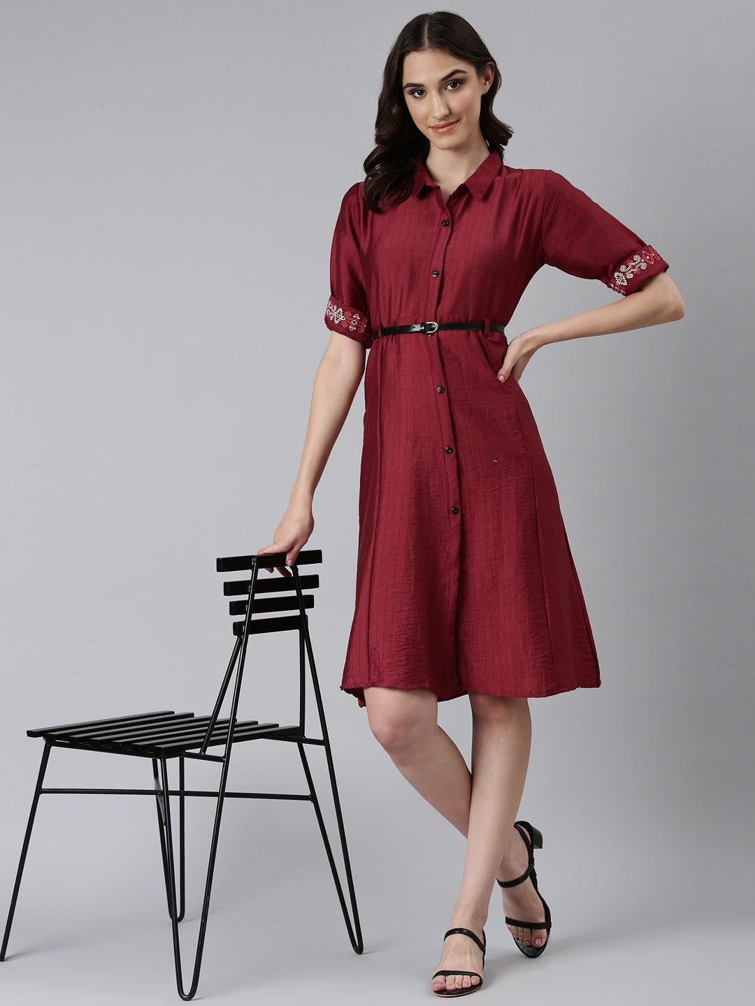 Women's Magenta Striped Shirt Collar Embroidered A-Line Dress