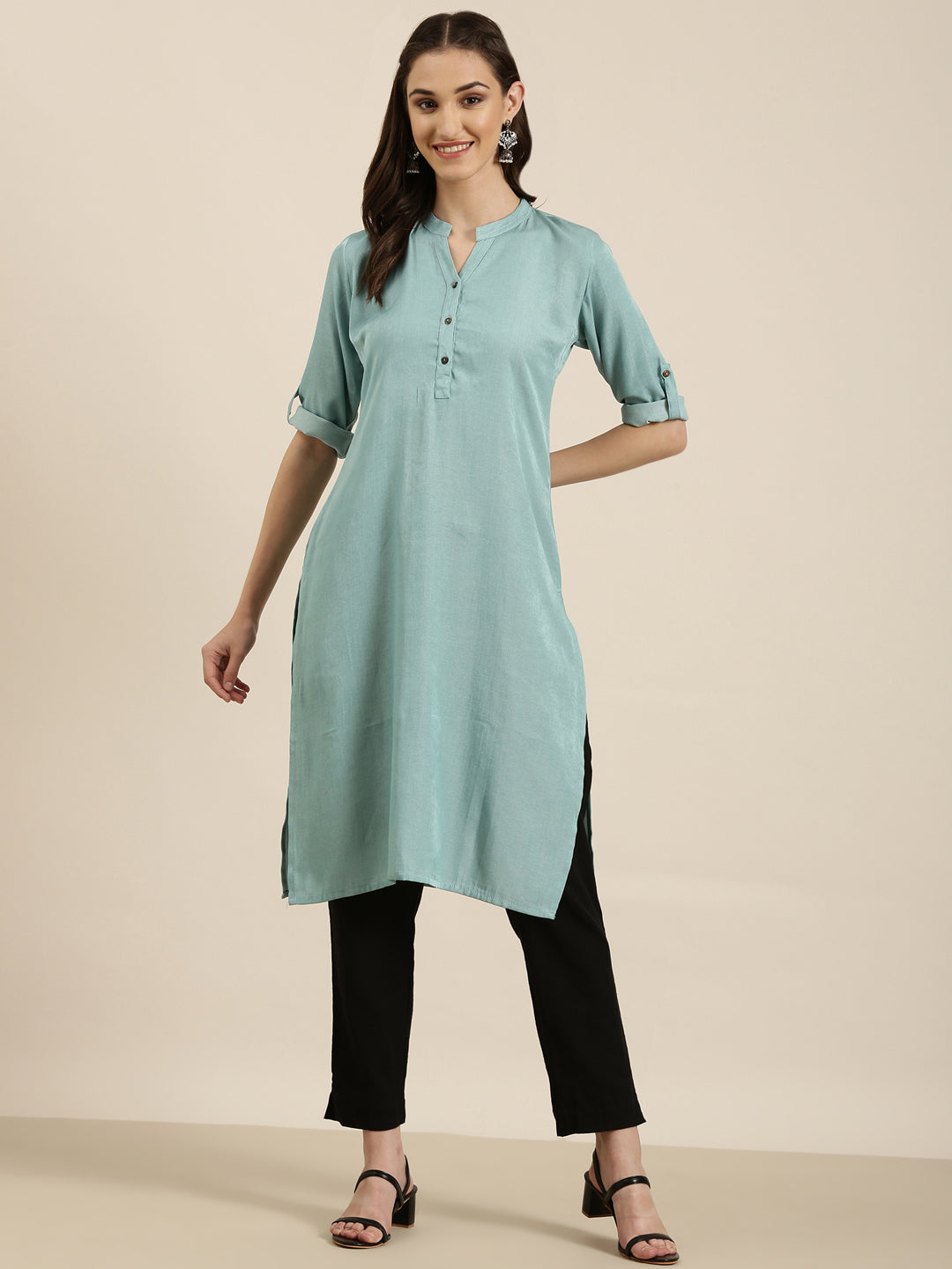 Women's Turquoise Blue Mandarin Collar Cotton Straight Kurta