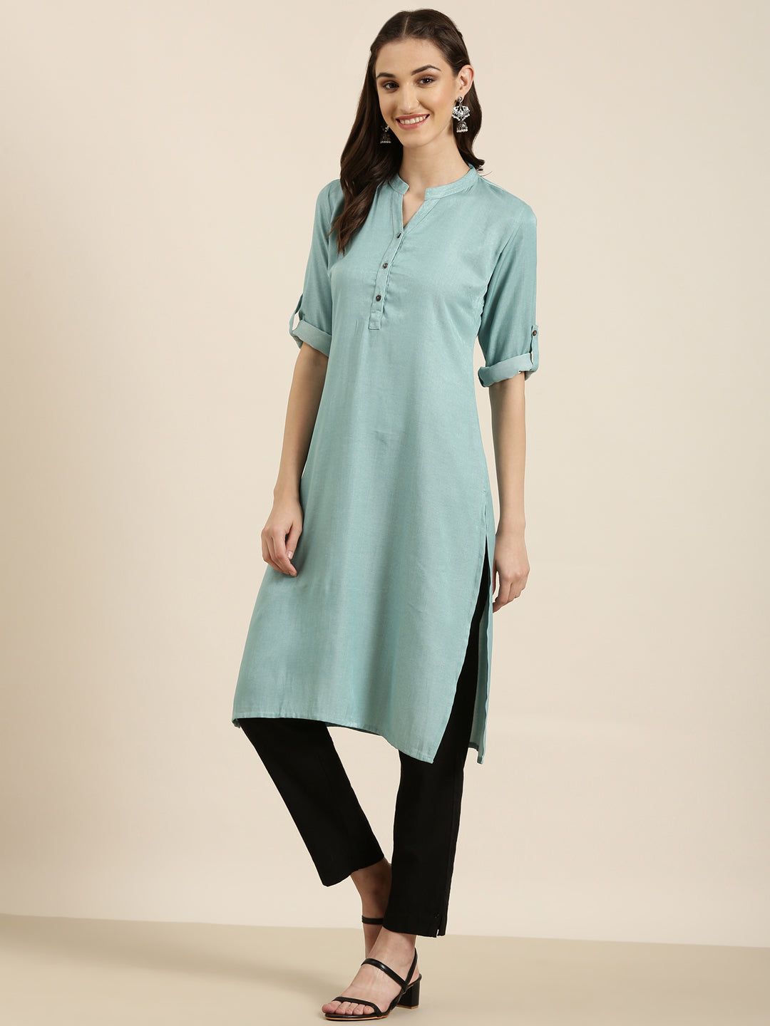 Women's Turquoise Blue Mandarin Collar Cotton Straight Kurta