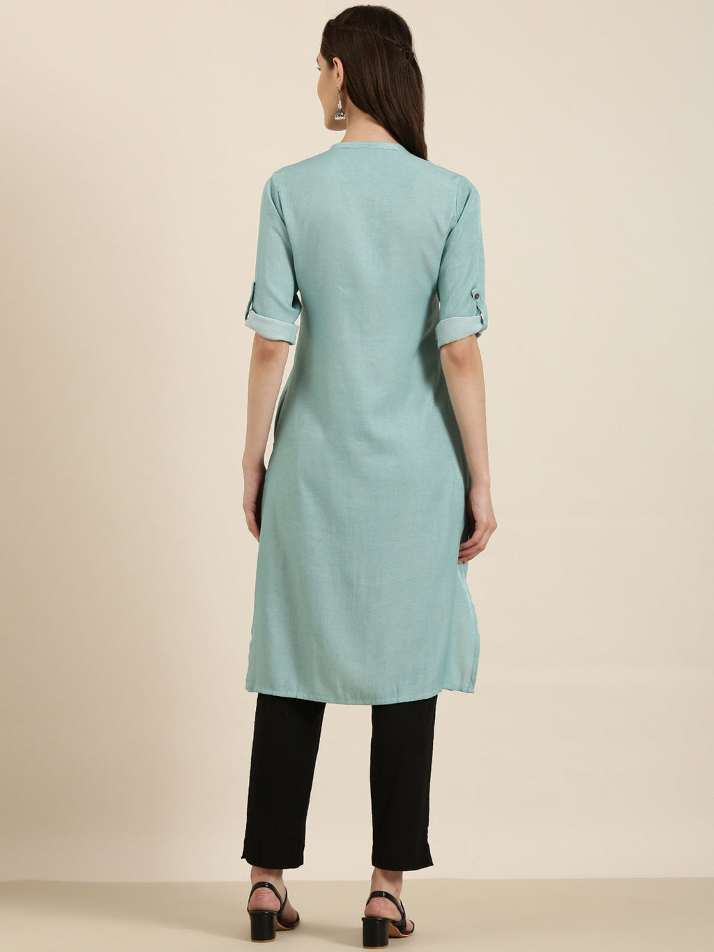 Women's Turquoise Blue Mandarin Collar Cotton Straight Kurta