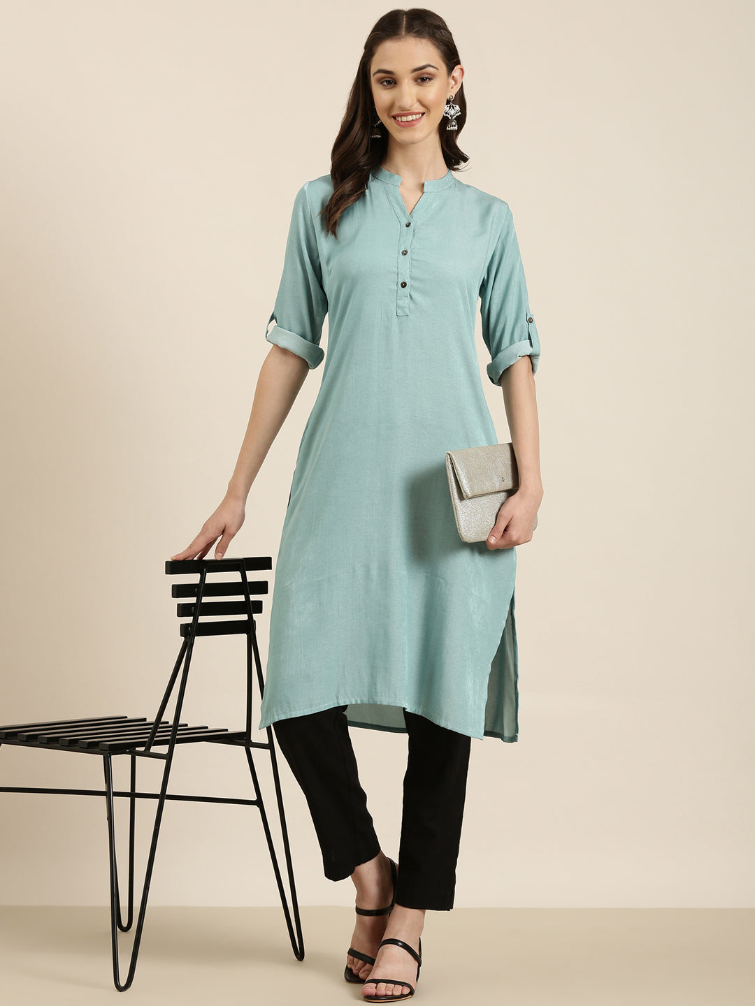Women's Turquoise Blue Mandarin Collar Cotton Straight Kurta
