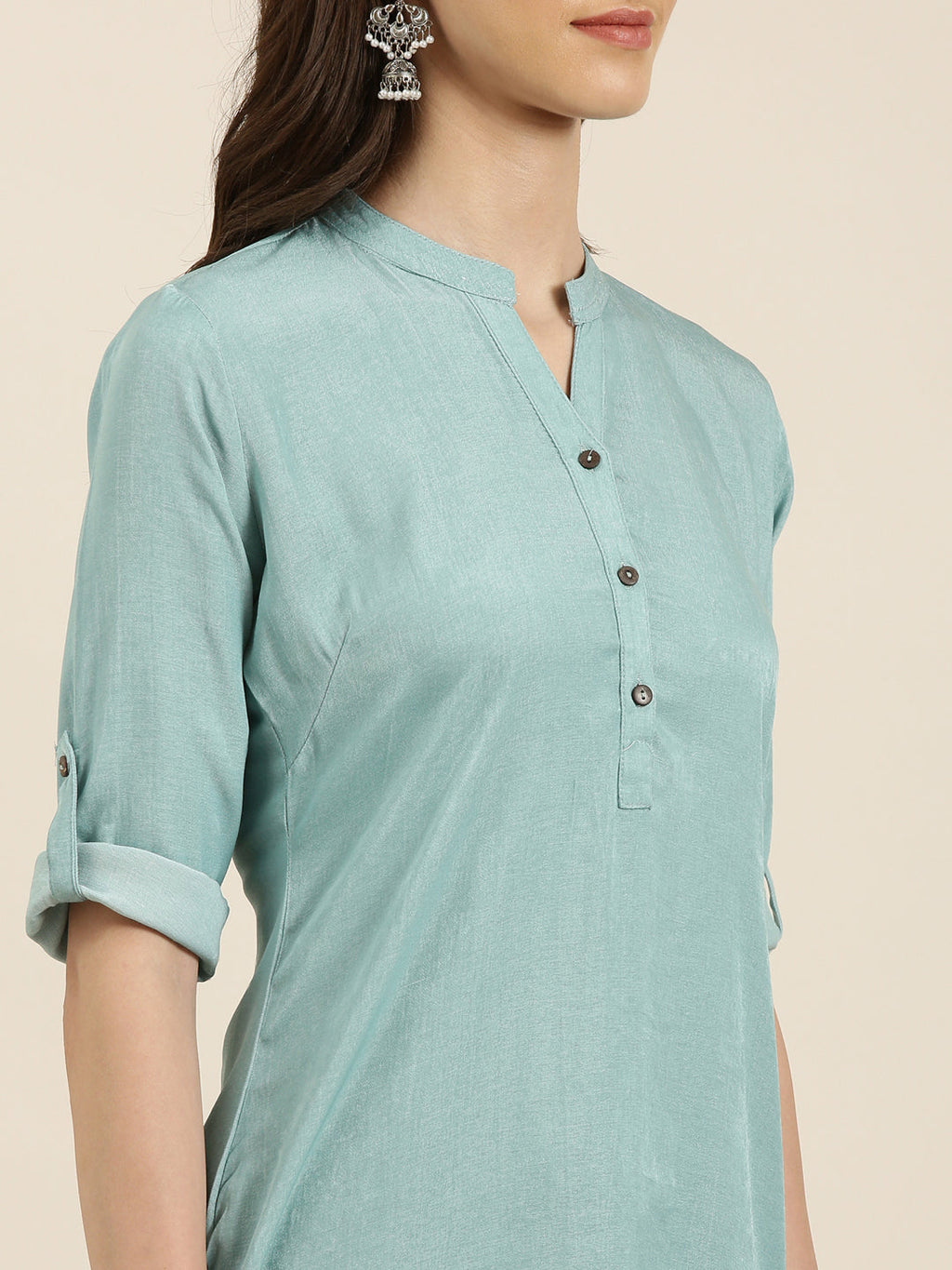 Women's Turquoise Blue Mandarin Collar Cotton Straight Kurta