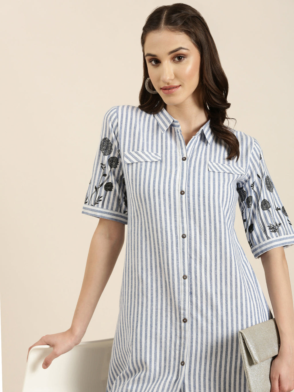 Women's Blue Striped Pure Cotton A Line Kurta