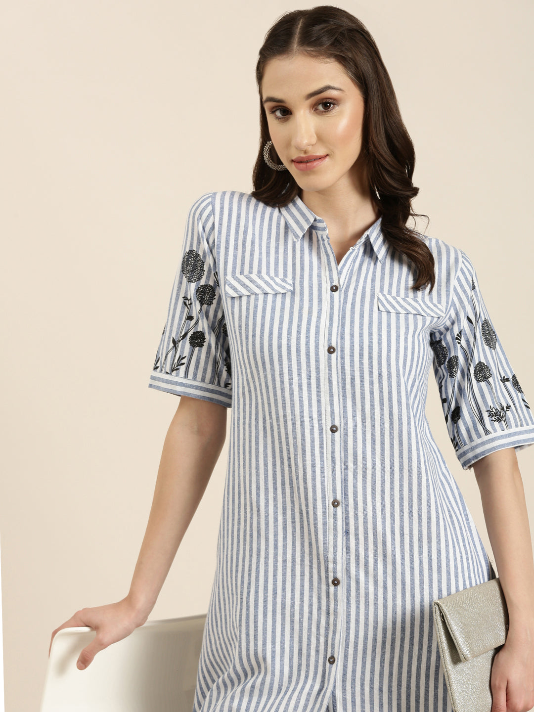 Women's Blue Striped Pure Cotton A Line Kurta