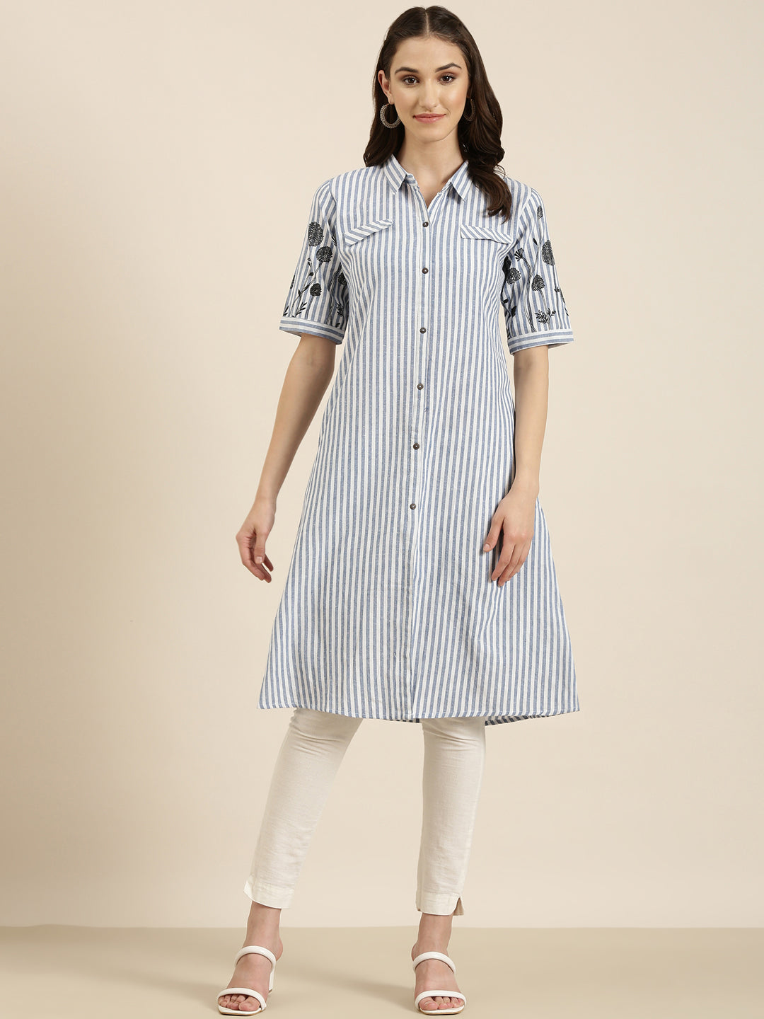 Women's Blue Striped Pure Cotton A Line Kurta