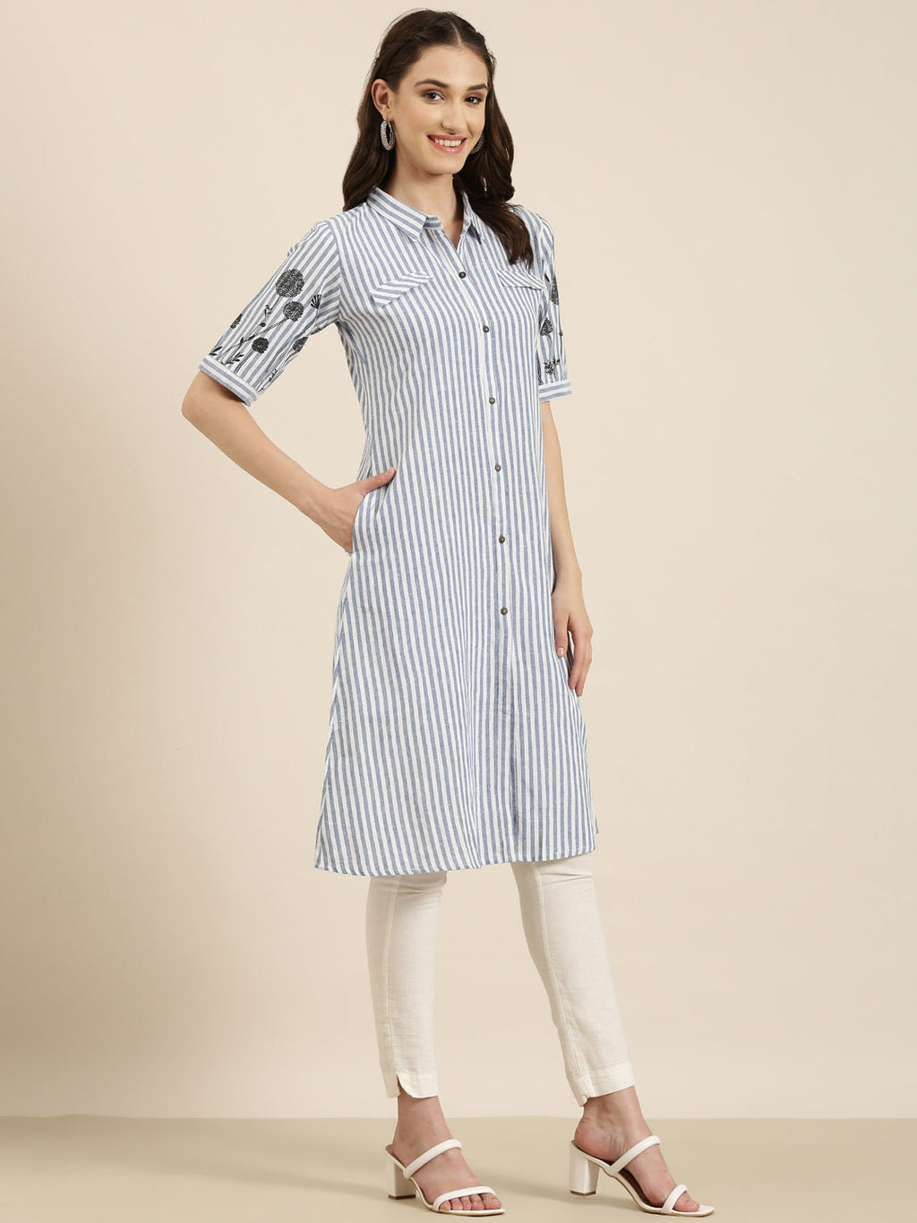 Women's Blue Striped Pure Cotton A Line Kurta