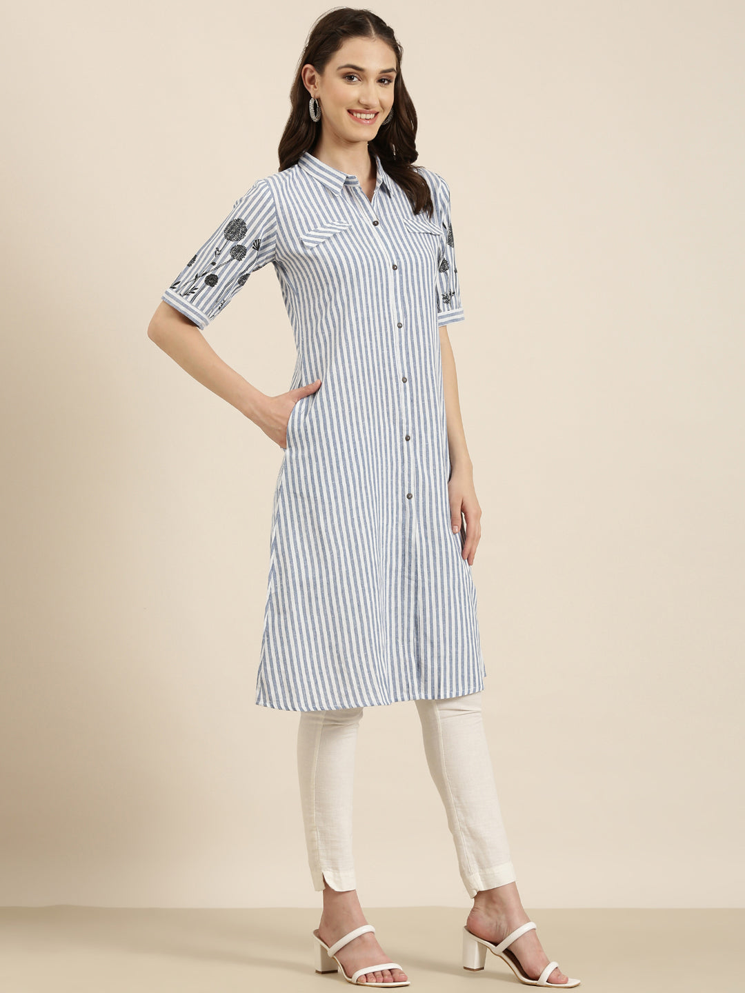 Women's Blue Striped Pure Cotton A Line Kurta