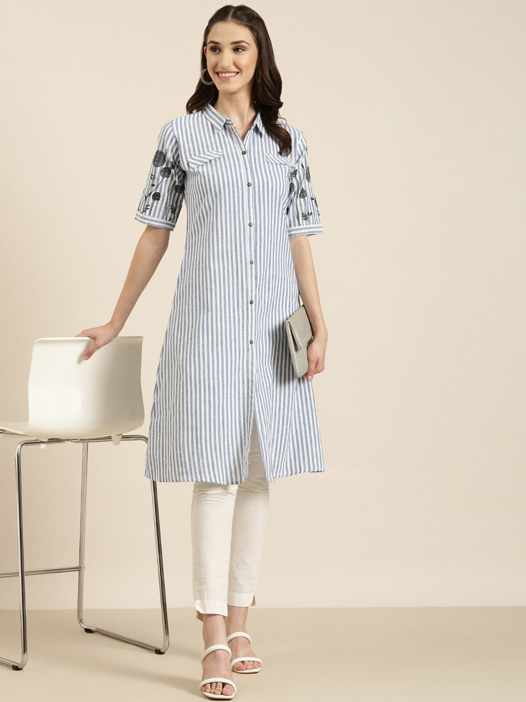Women's Blue Striped Pure Cotton A Line Kurta
