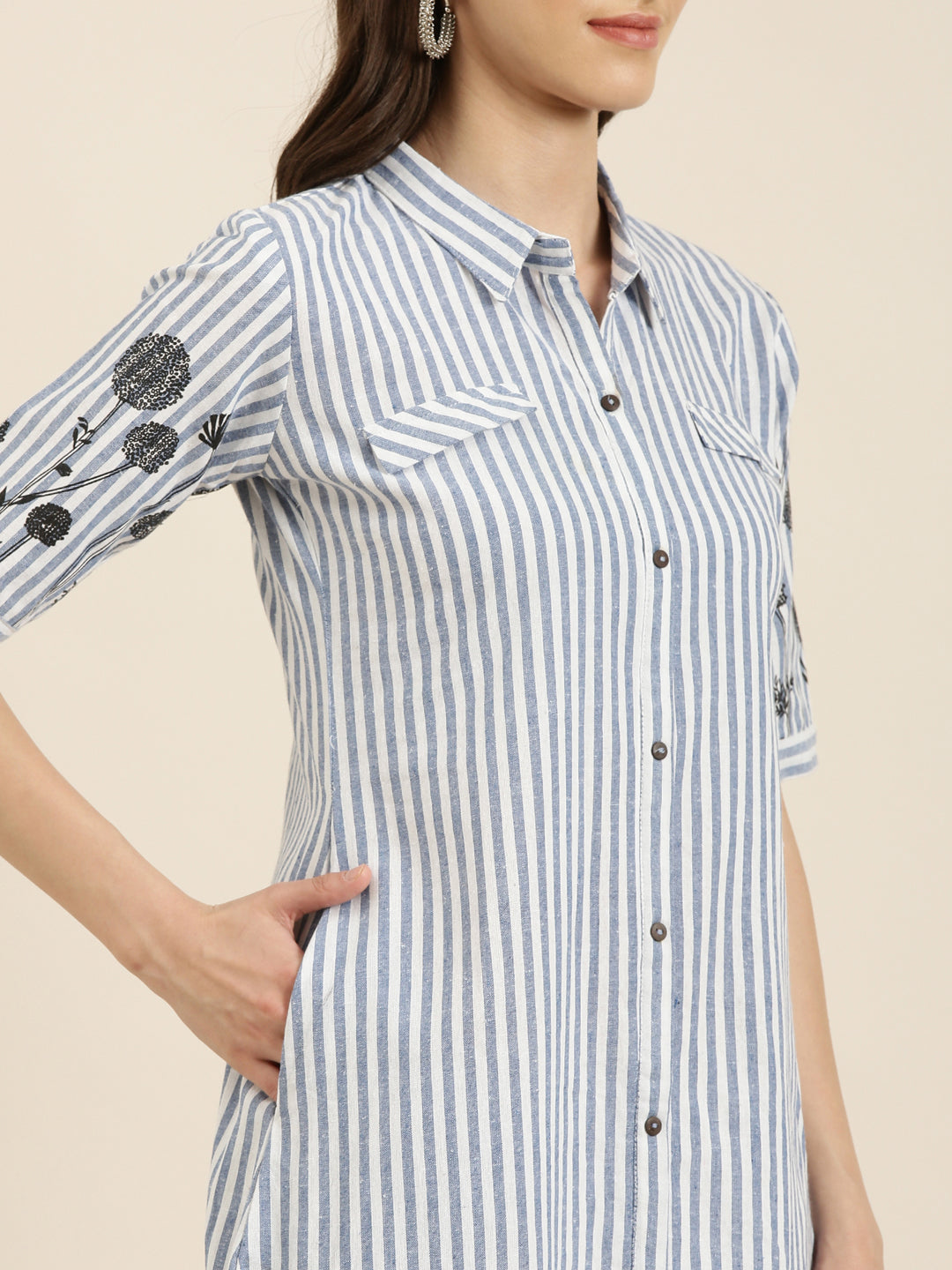 Women's Blue Striped Pure Cotton A Line Kurta